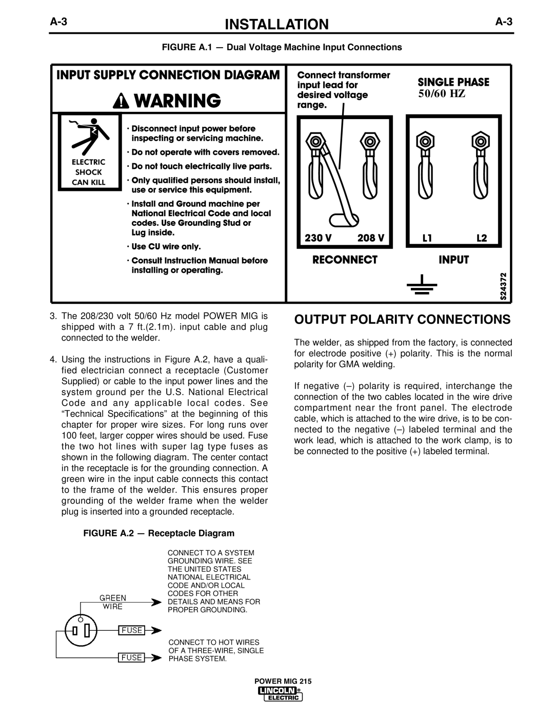 Lincoln Electric 215 manual Figure A.1 Dual Voltage Machine Input Connections, Figure A.2 Receptacle Diagram 