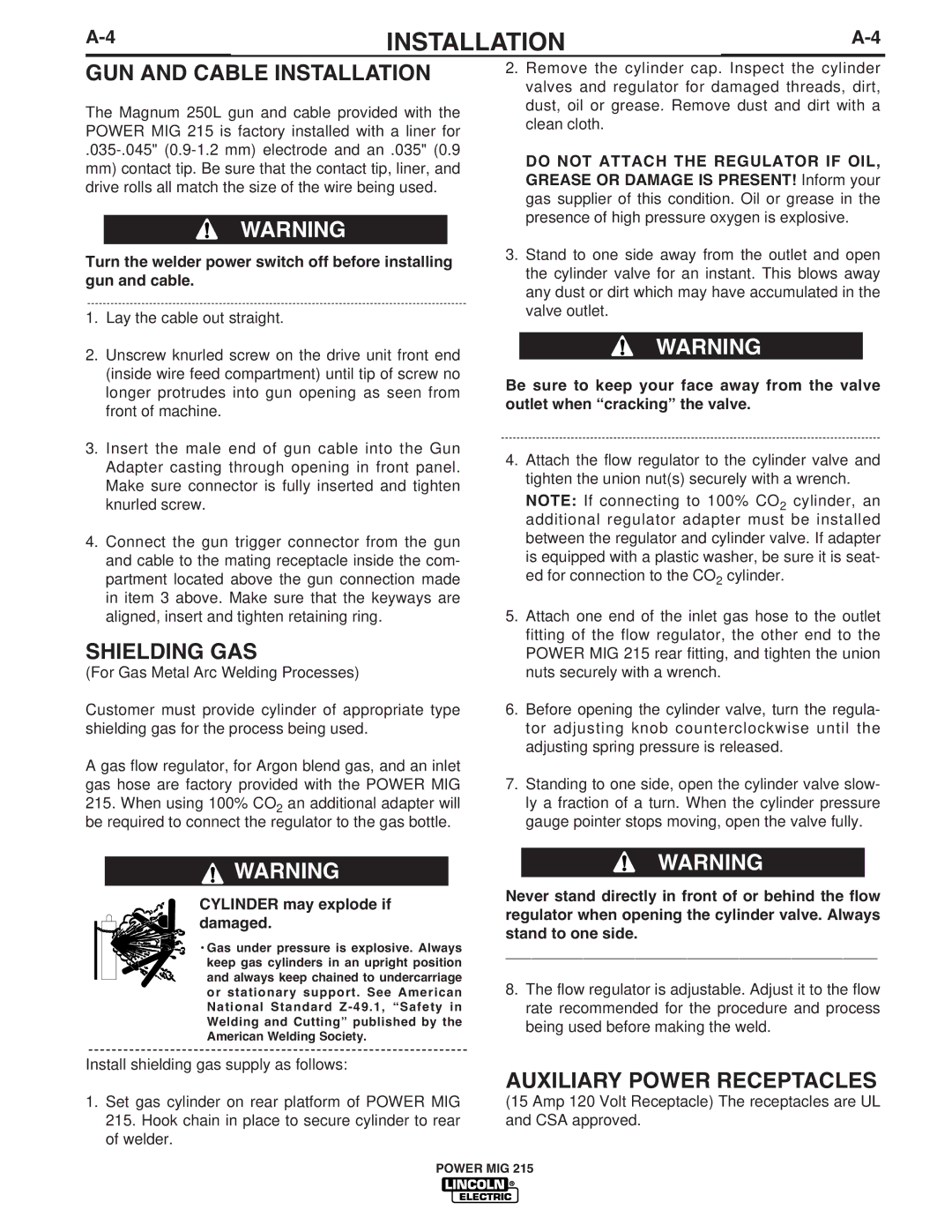 Lincoln Electric 215 manual GUN and Cable Installation, Shielding GAS 