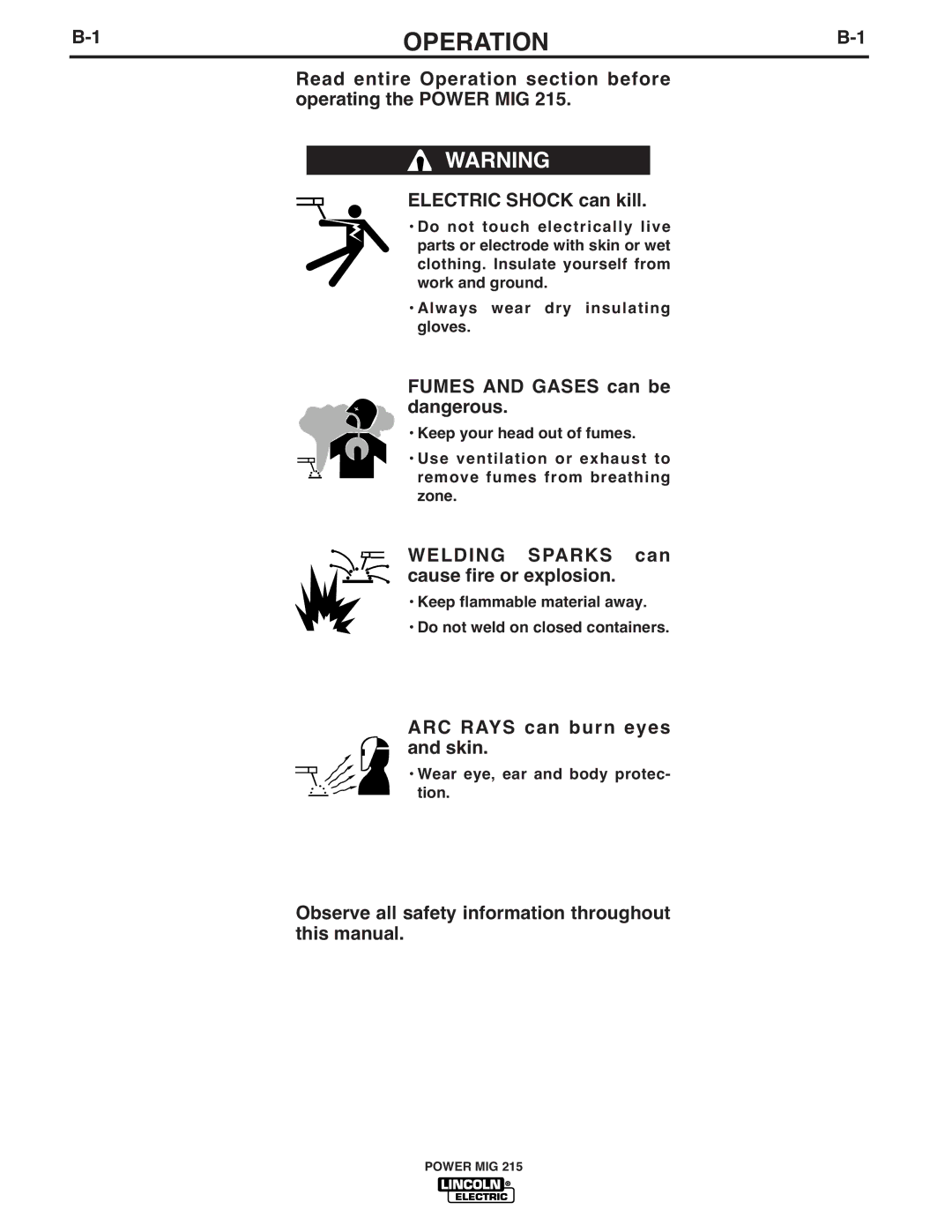 Lincoln Electric 215 manual 1OPERATIONB-1, Wear eye, ear and body protec- tion 