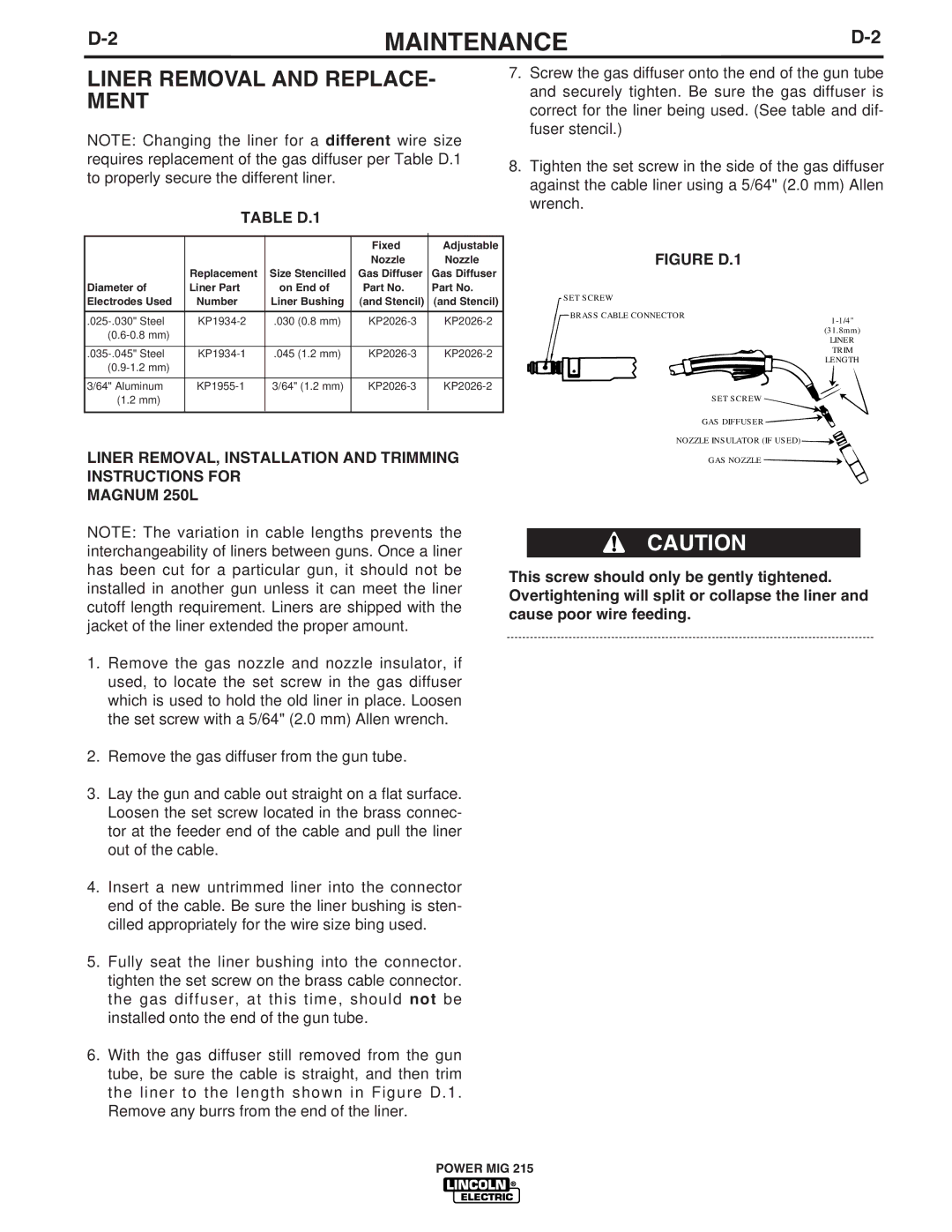 Lincoln Electric 215 Liner Removal and Replace, Ment, This screw should only be gently tightened, Cause poor wire feeding 