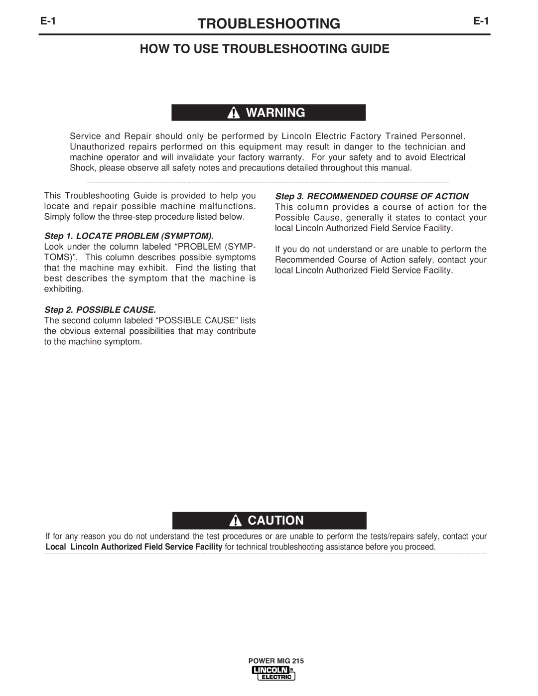 Lincoln Electric 215 manual HOW to USE Troubleshooting Guide 