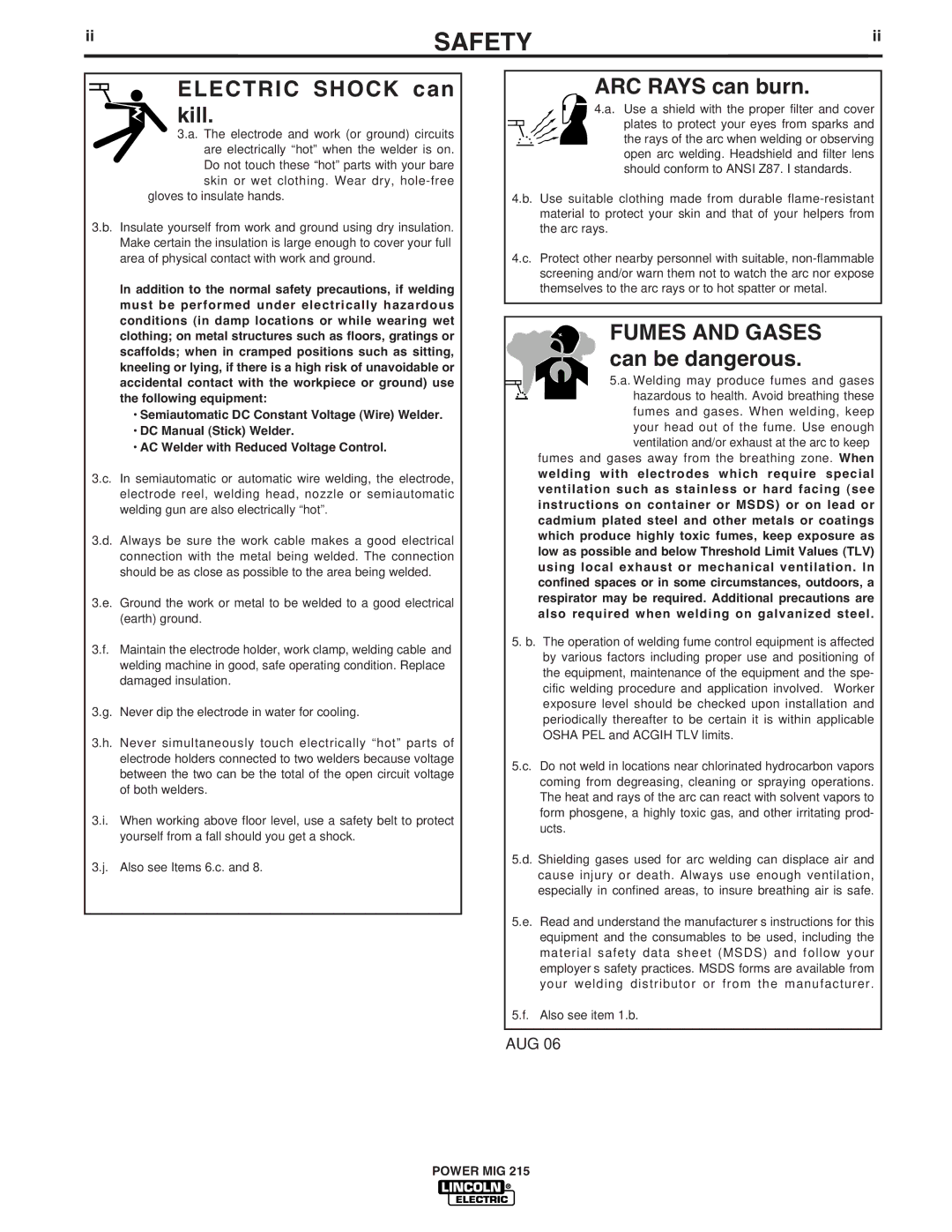 Lincoln Electric 215 manual Fumes and Gases, Aug 