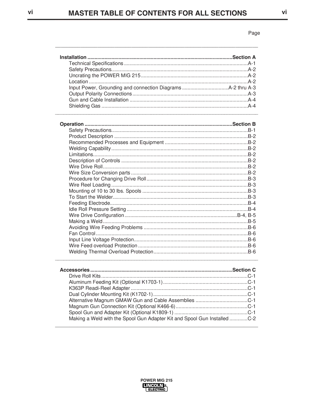 Lincoln Electric 215 manual Master Table of Contents for ALL Sections 