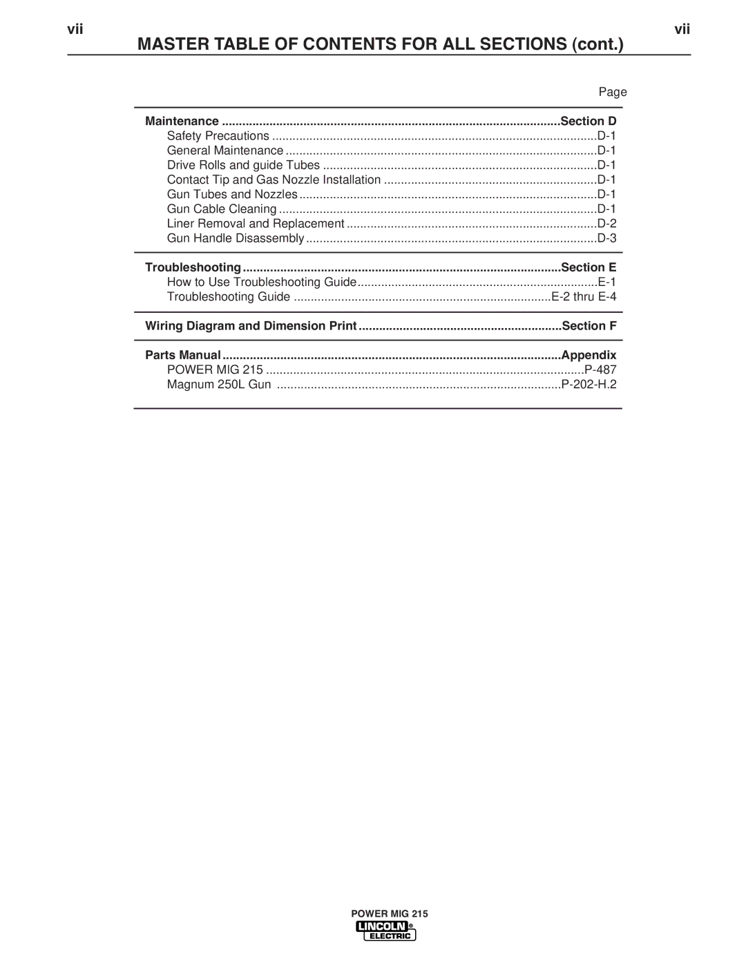 Lincoln Electric 215 manual Master Table of Contents for ALL Sections 