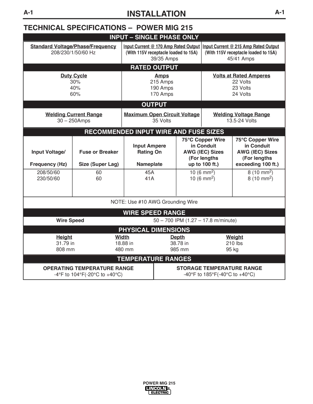 Lincoln Electric 215 manual Installation, Technical Specifications Power MIG 