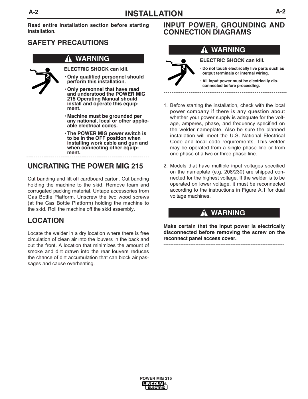 Lincoln Electric 215 Safety Precautions, Uncrating the Power MIG, Location, Input POWER, Grounding and Connection Diagrams 