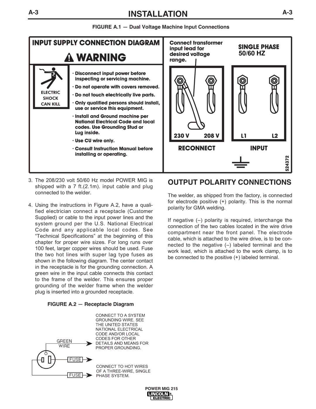 Lincoln Electric 215 manual Output Polarity Connections, Figure A.1 Dual Voltage Machine Input Connections 