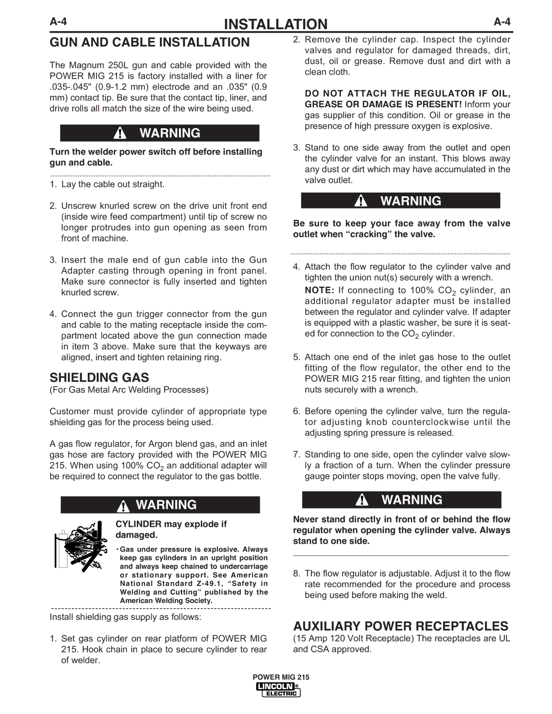 Lincoln Electric 215 manual GUN and Cable Installation, Shielding GAS, Auxiliary Power Receptacles 
