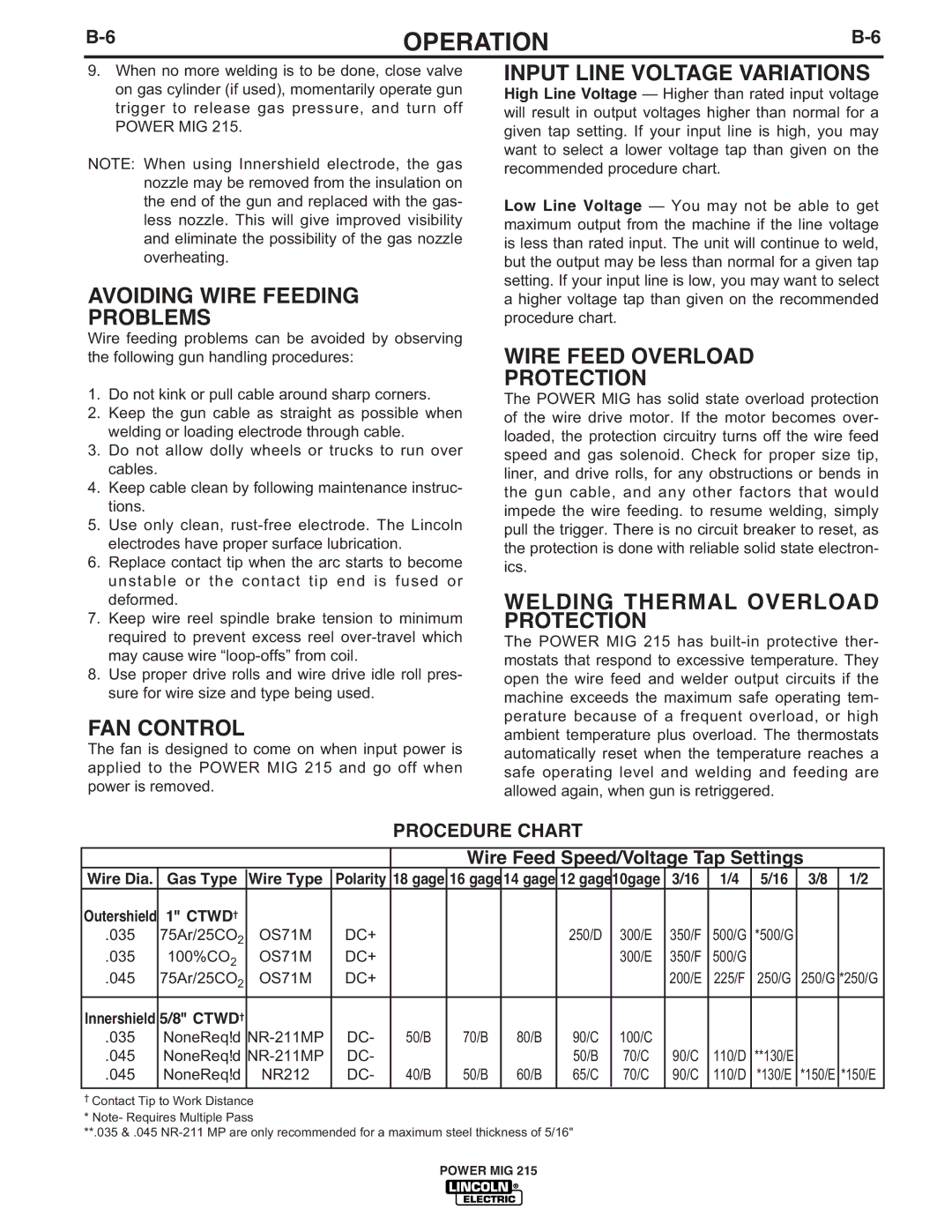 Lincoln Electric 215 manual Avoiding Wire Feeding Problems, FAN Control, Input Line Voltage Variations 