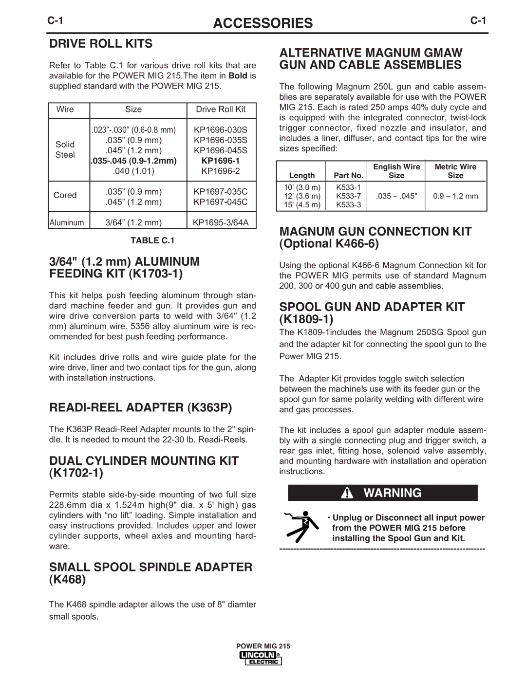 Lincoln Electric 215 manual Accessories 