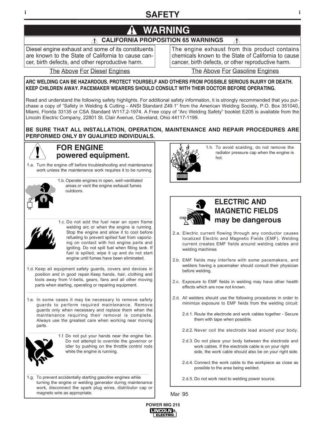 Lincoln Electric 215 manual Safety, California Proposition 65 Warnings 