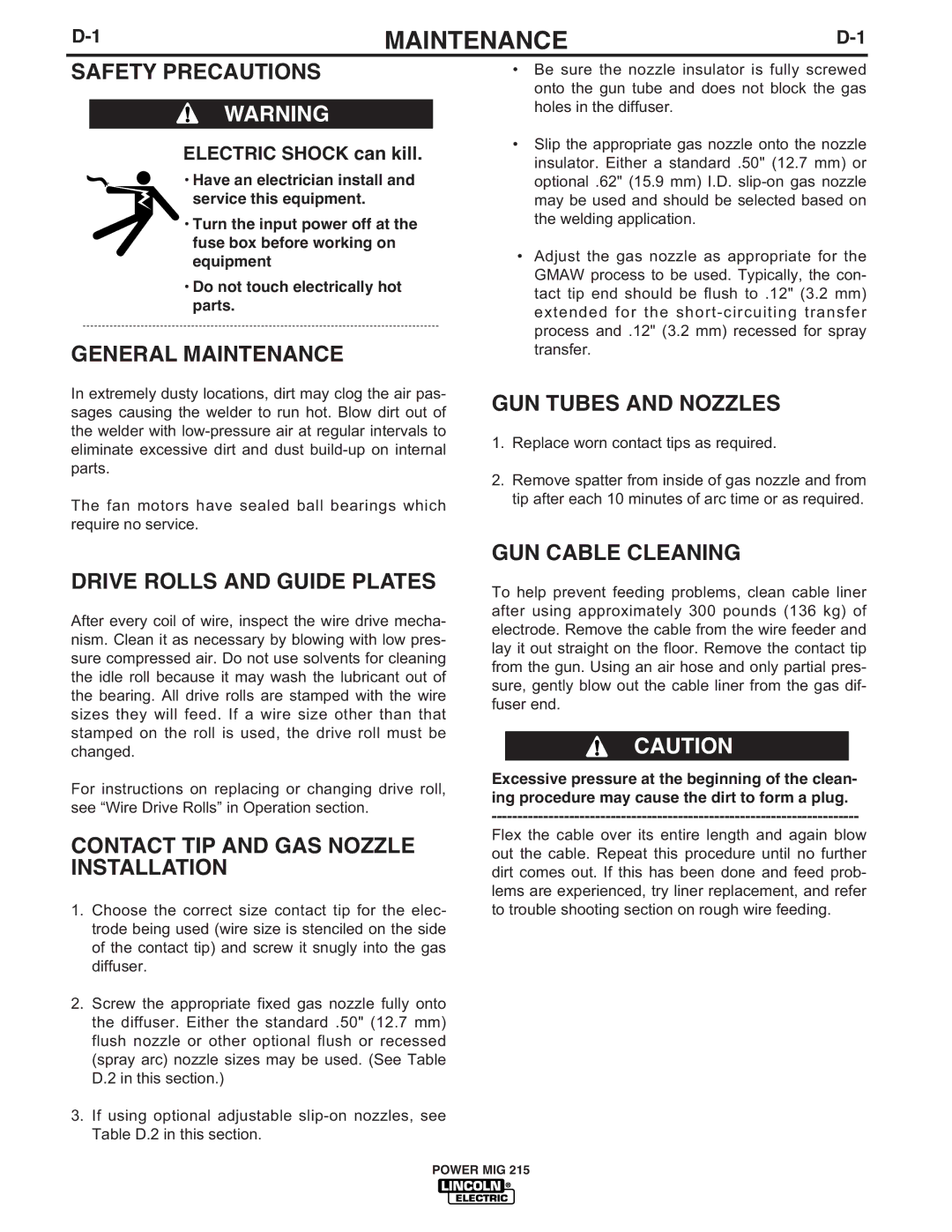 Lincoln Electric 215 manual Maintenance 