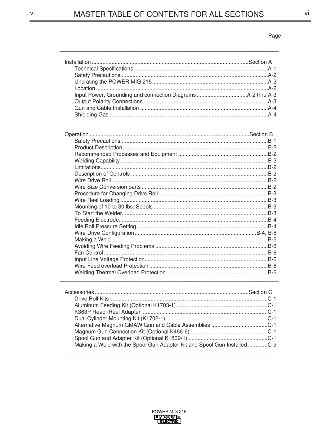 Lincoln Electric 215 manual Master Table of Contents for ALL Sections 