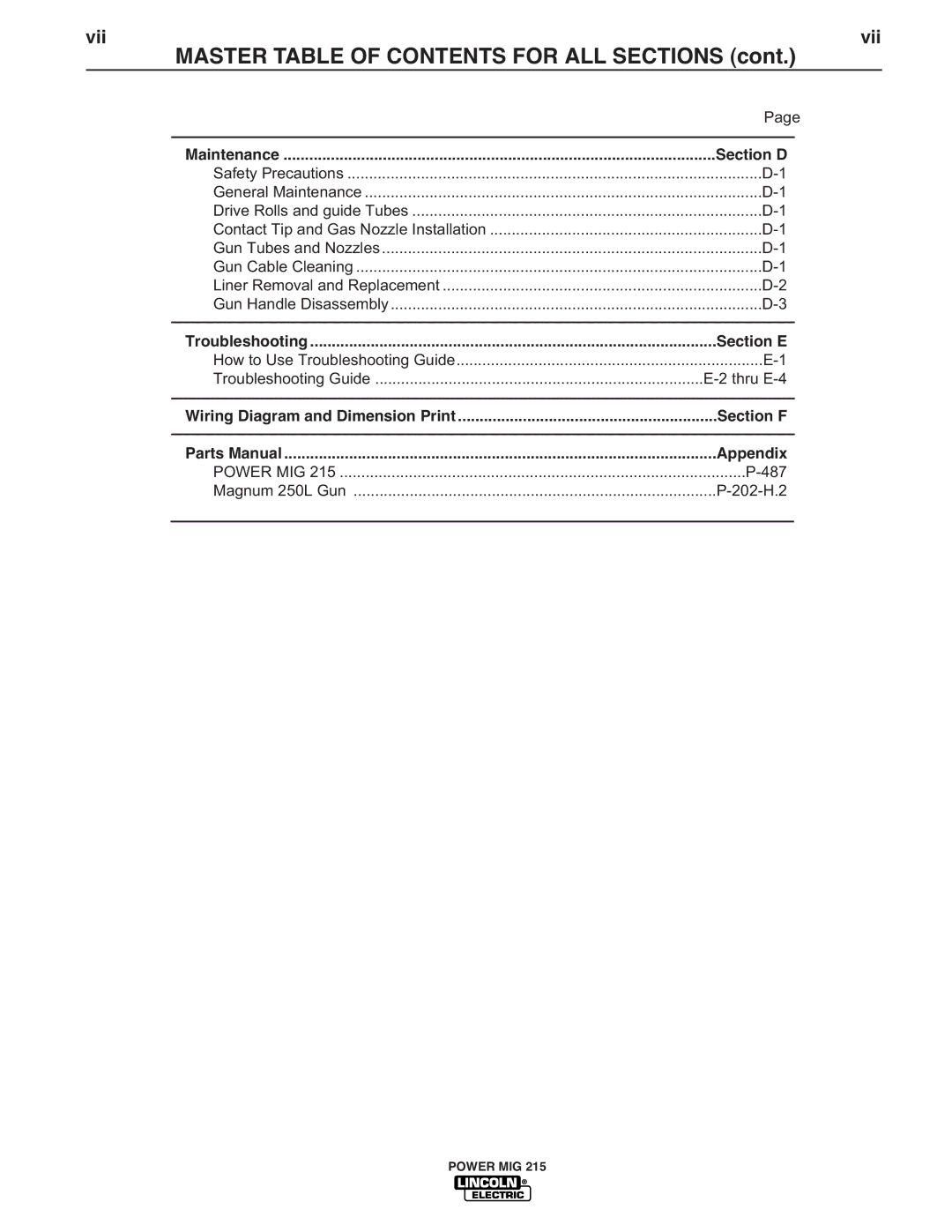 Lincoln Electric 215 manual Master Table of Contents for ALL Sections 