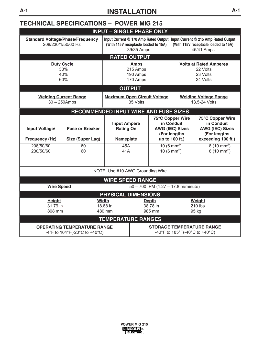 Lincoln Electric 215 manual Installation, Technical Specifications Power MIG 