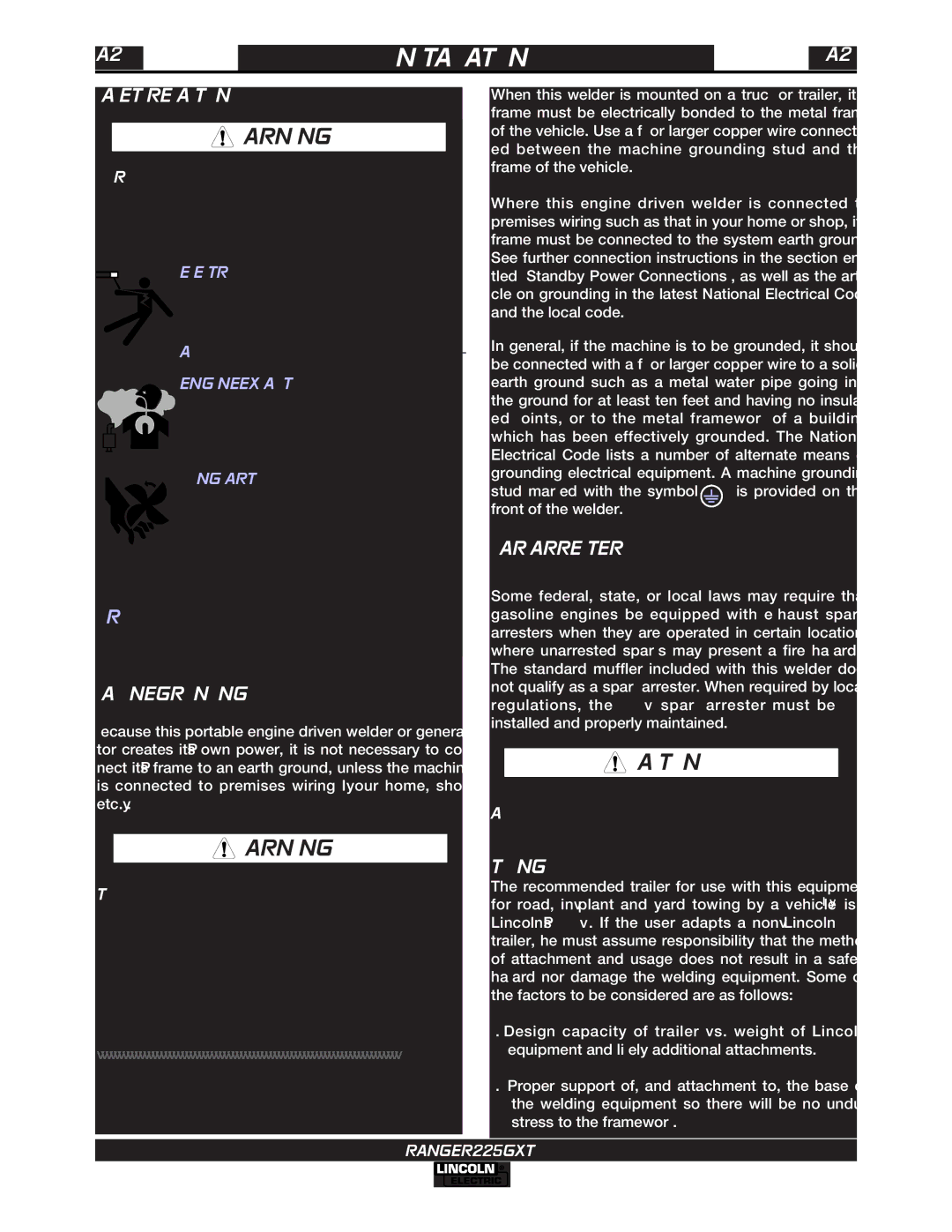 Lincoln Electric 225 GXT manual Safety Precautions, Machine Grounding, Spark Arrester, Towing 