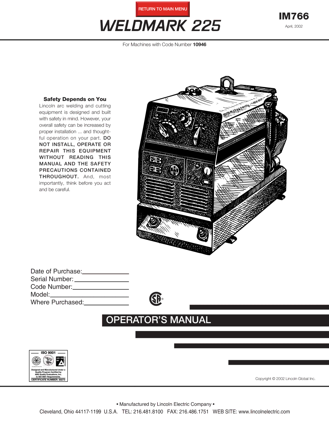 Lincoln Electric 225 manual Weldmark 