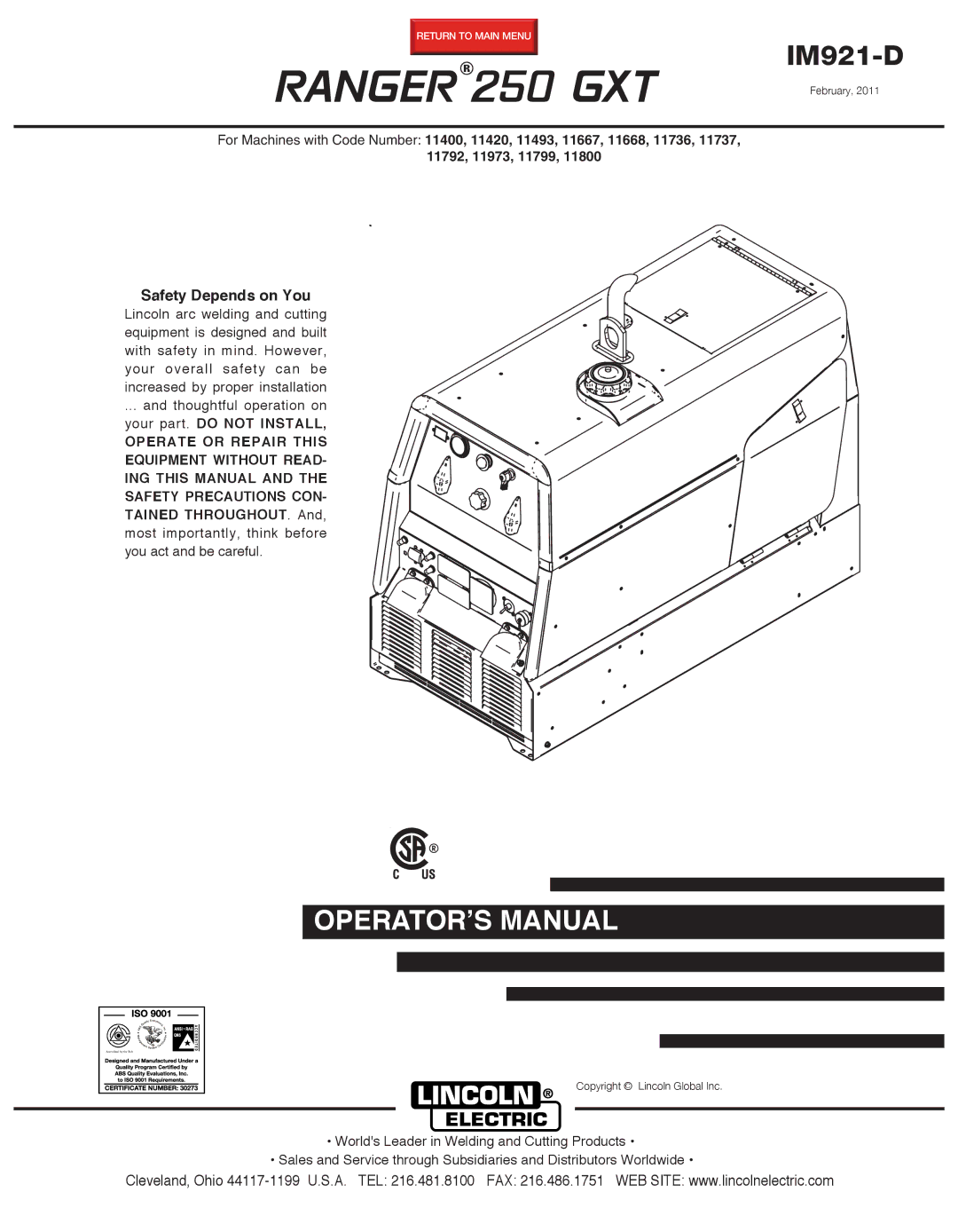 Lincoln Electric manual Ranger 250 GXT, Safety Depends on You 