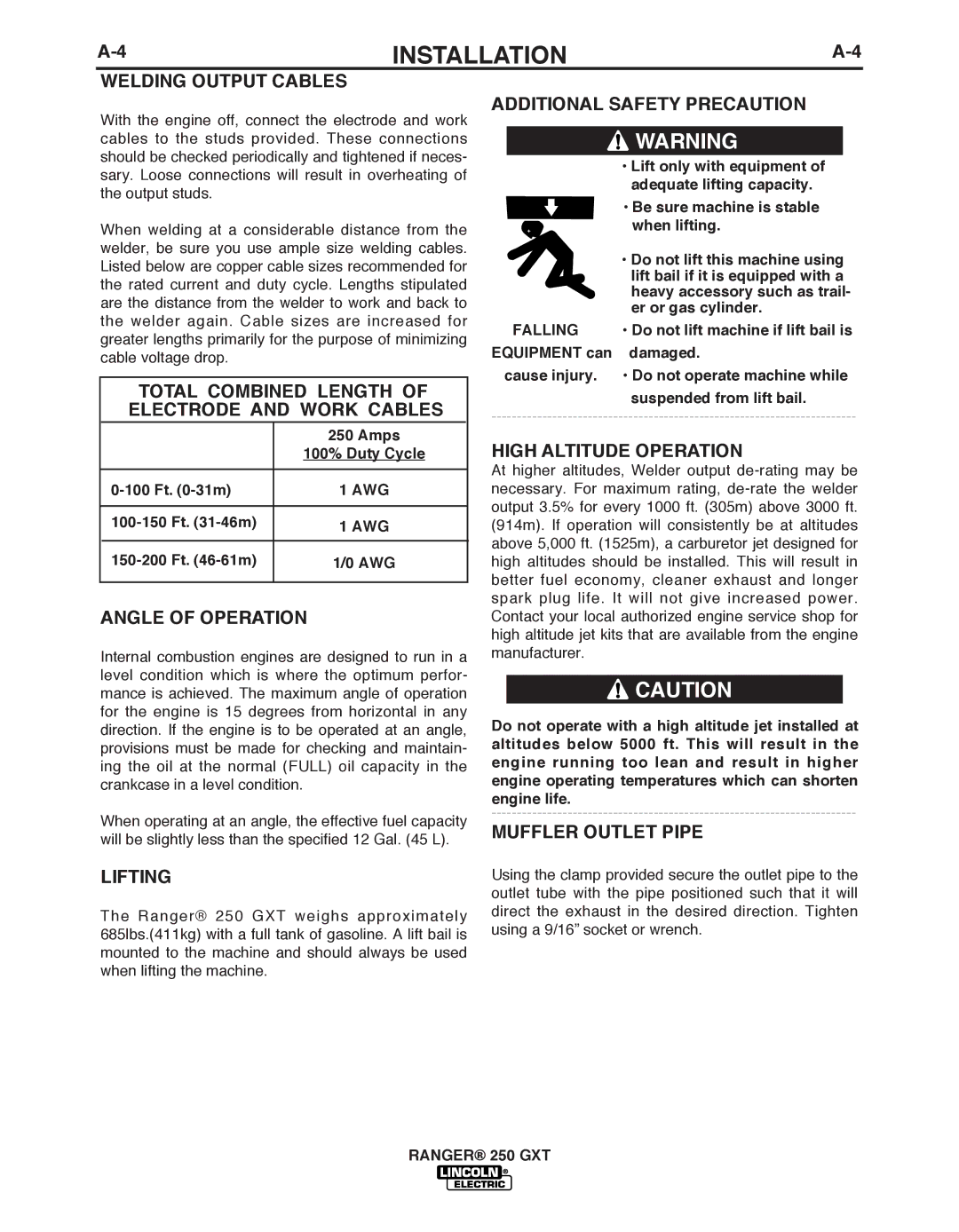 Lincoln Electric 250 GXT manual Angle of Operation, Lifting, Additional Safety Precaution, High Altitude Operation 