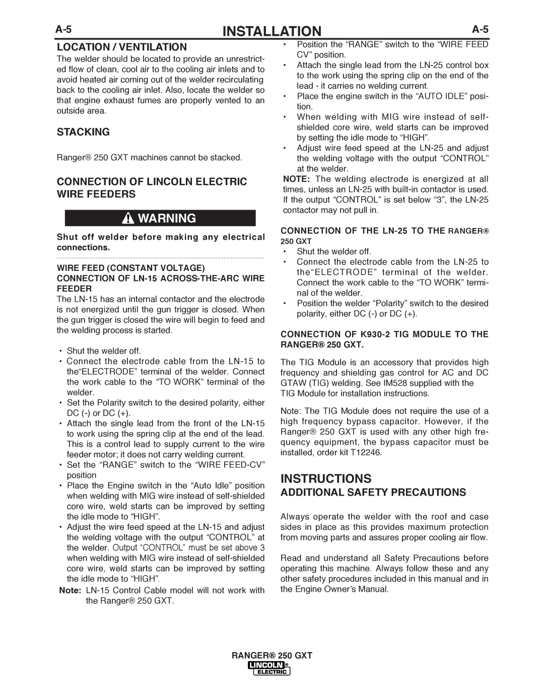 Lincoln Electric 250 GXT manual Instructions, Location / Ventilation, Stacking, Connection of Lincoln Electric Wire Feeders 