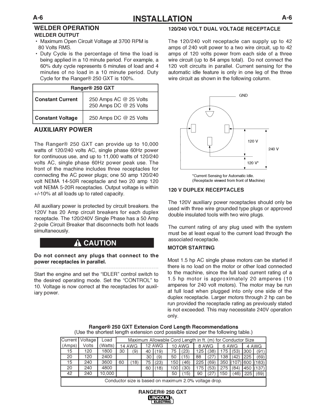 Lincoln Electric 250 GXT manual Welder Operation, Auxiliary Power 