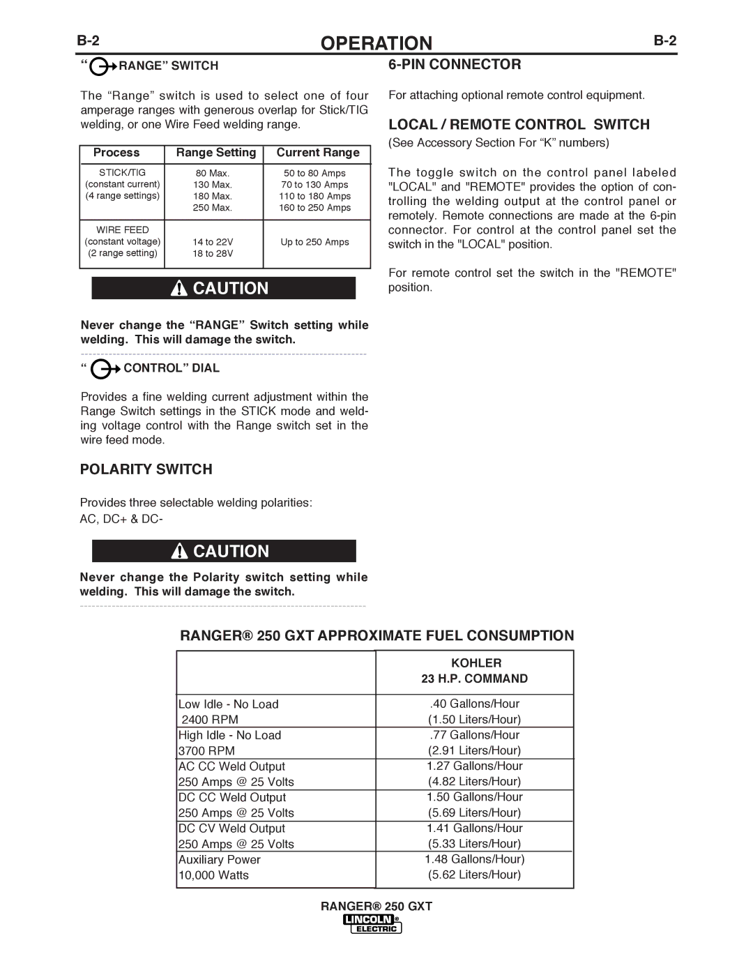 Lincoln Electric 250 GXT manual Polarity Switch, PIN Connector, Local / Remote Control Switch 