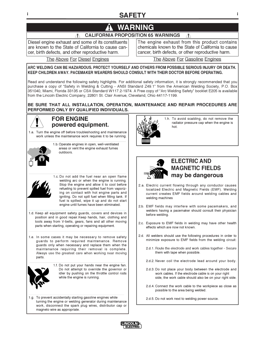 Lincoln Electric 250 GXT manual Safety, California Proposition 65 Warnings 