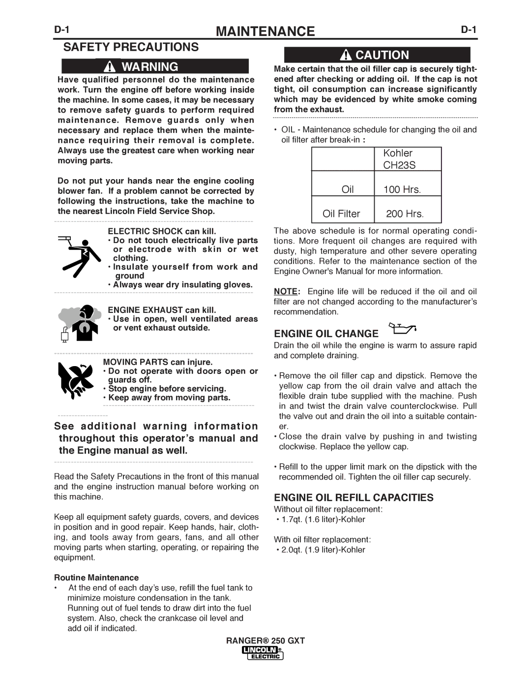 Lincoln Electric 250 GXT manual Maintenance, Safety Precautions, Engine OIL Change, Engine OIL Refill Capacities 