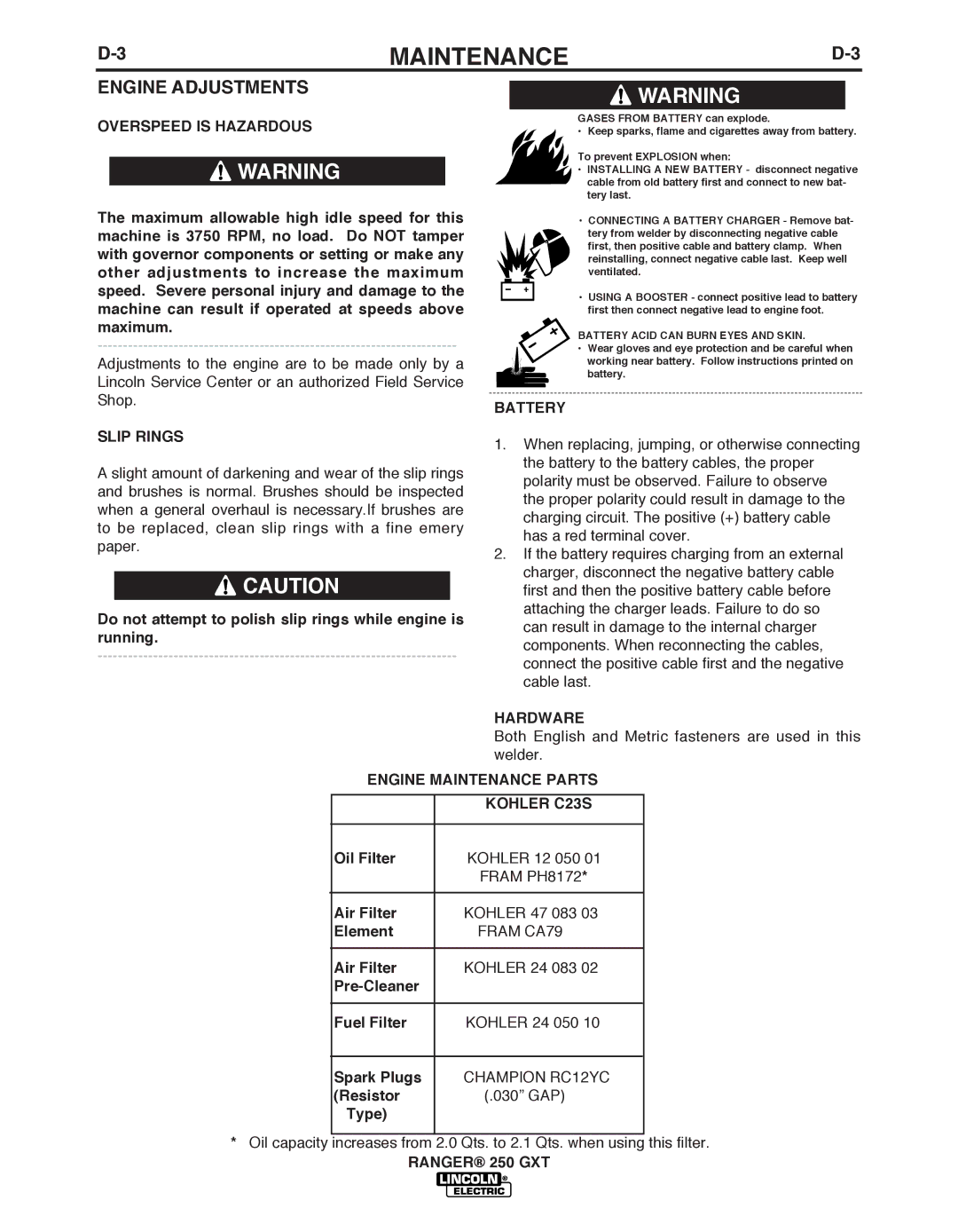 Lincoln Electric 250 GXT manual Engine Adjustments, Slip Rings, Hardware, Engine Maintenance Parts, KOHLER C23S 