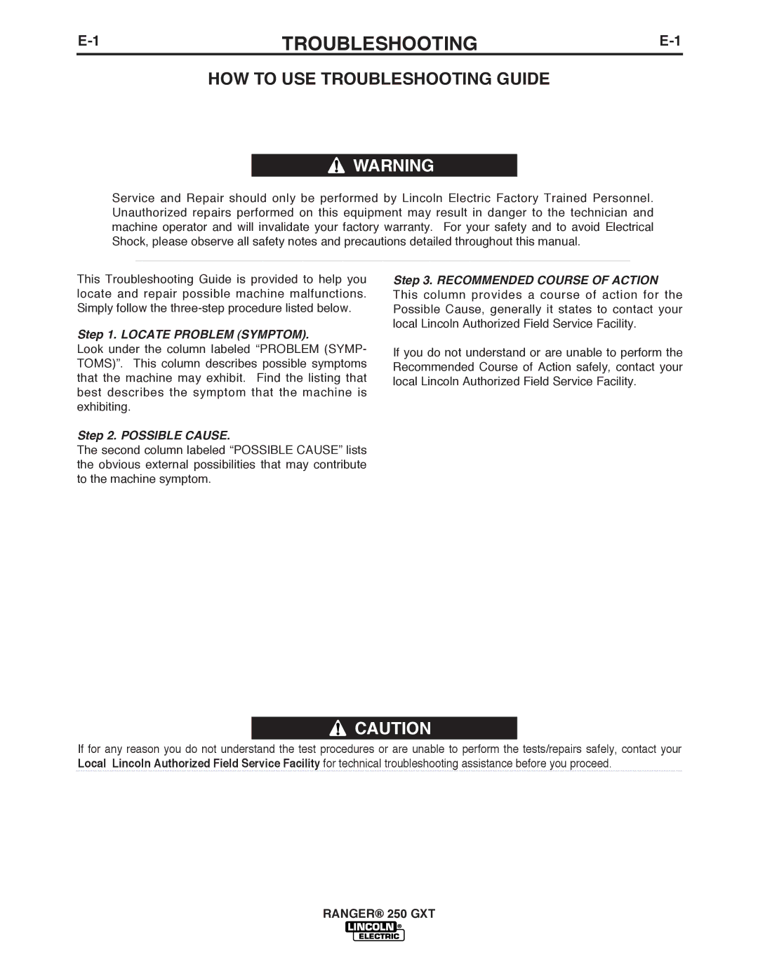 Lincoln Electric 250 GXT manual TROUbLESHOOTING 