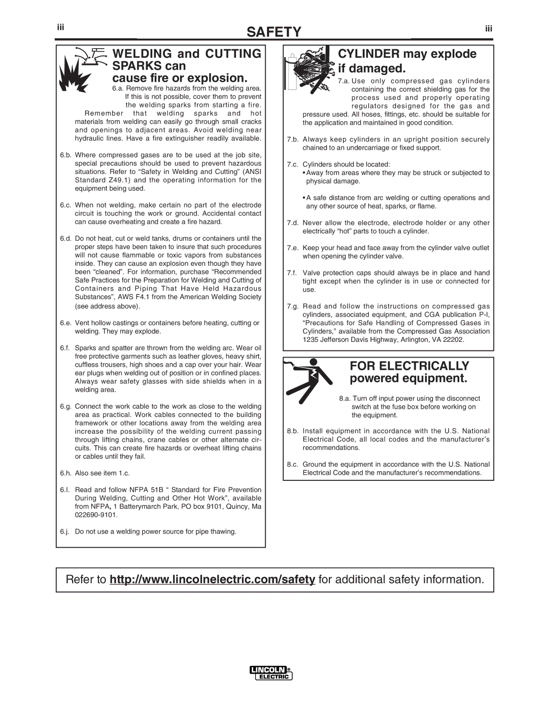 Lincoln Electric 250 GXT manual Welding and Cutting Sparks can Cause fire or explosion, Iii 