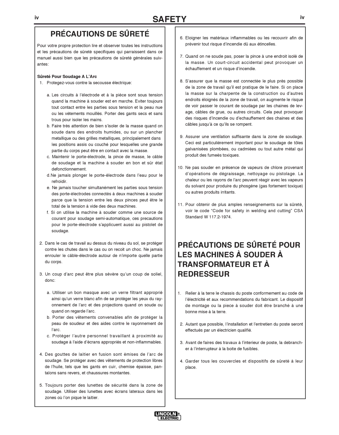 Lincoln Electric 250 GXT manual IvSAFETY, Précautions DE Sûreté 