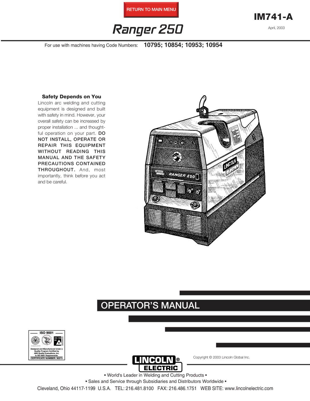 Lincoln Electric 250 manual Ranger 