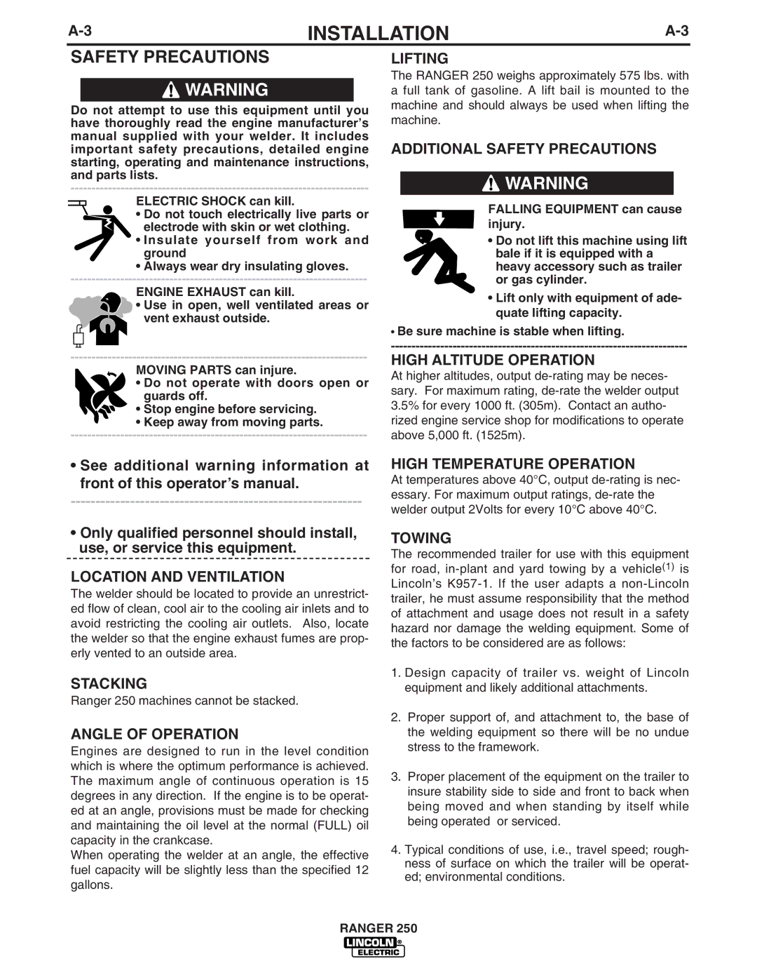 Lincoln Electric 250 manual Safety Precautions 