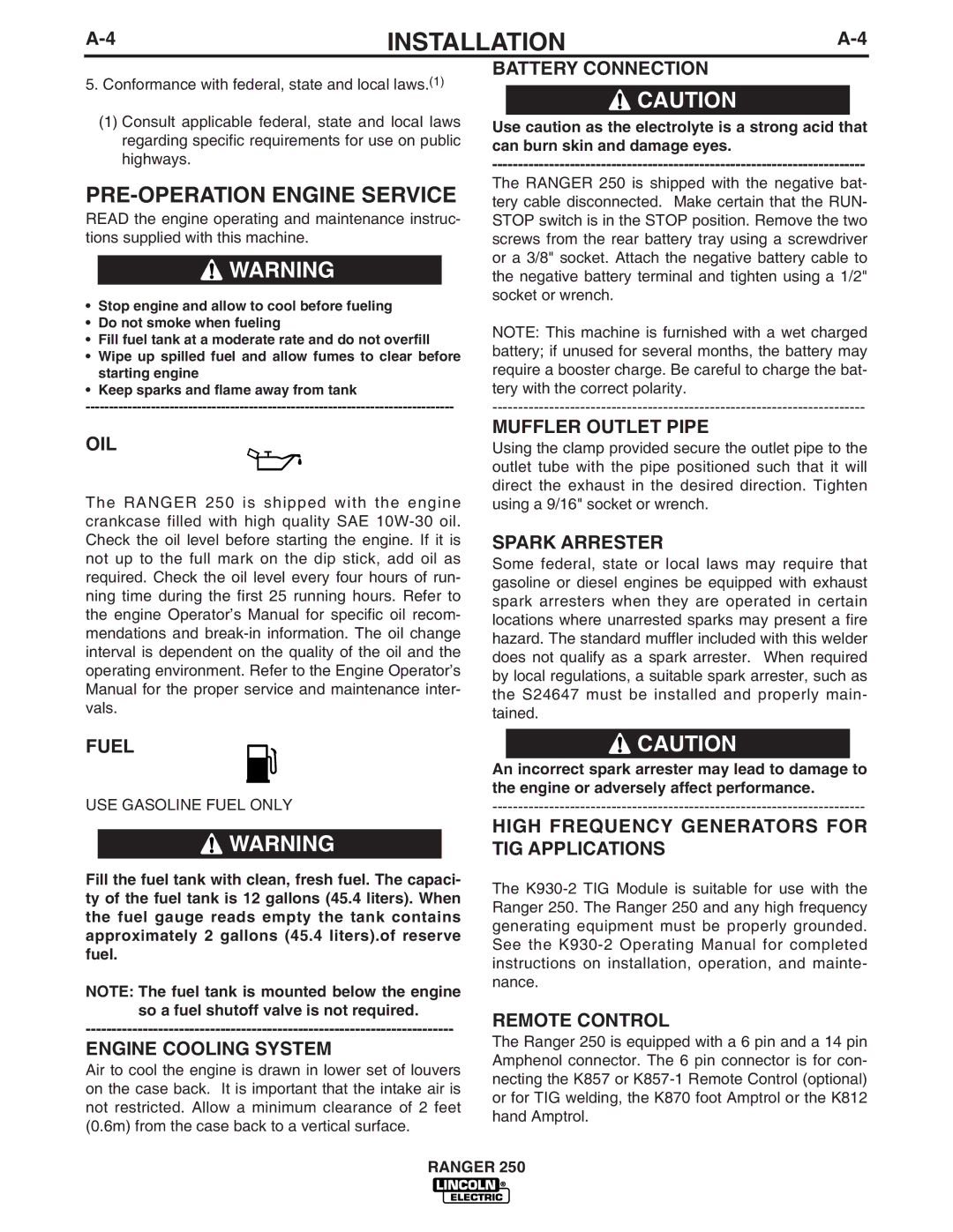 Lincoln Electric 250 manual PRE-OPERATION Engine Service 