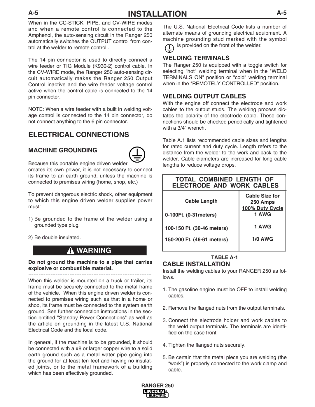 Lincoln Electric 250 manual Electrical Connections 