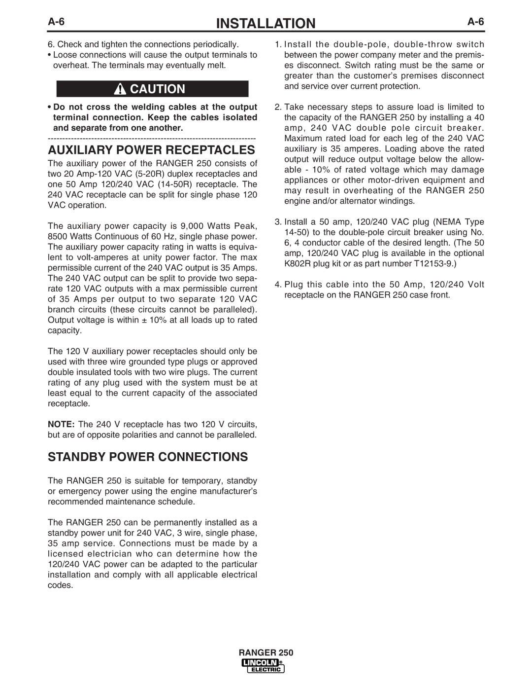 Lincoln Electric 250 manual Auxiliary Power Receptacles, Standby Power Connections 