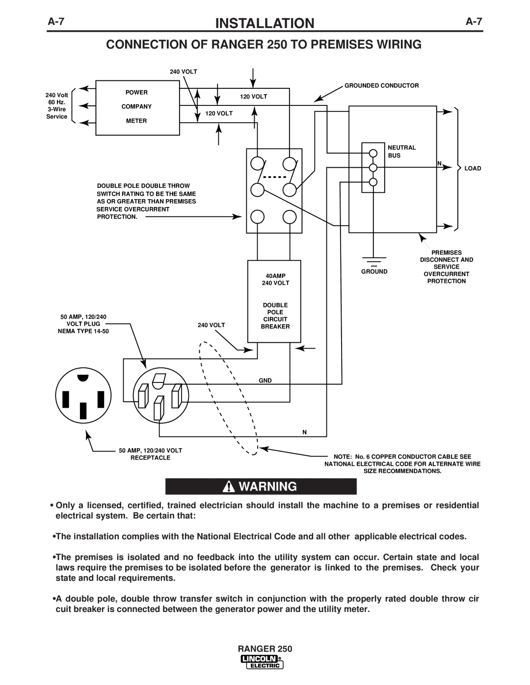 Lincoln Electric manual Connection of Ranger 250 to Premises Wiring 