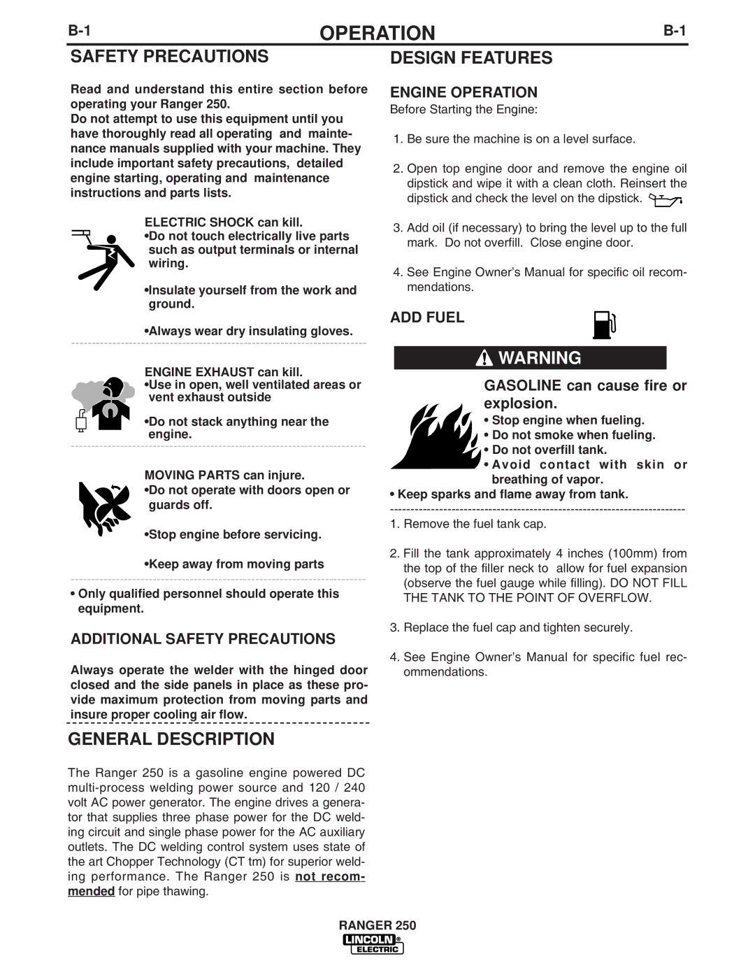 Lincoln Electric 250 manual General Description, Design Features, Engine Operation, ADD Fuel 