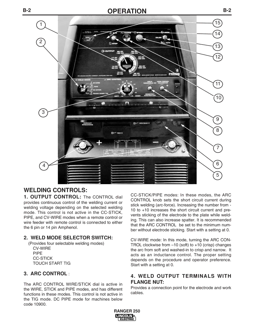Lincoln Electric 250 manual Welding Controls, Weld Mode Selector Switch, ARC Control, Weld Output Terminals with Flange NUT 