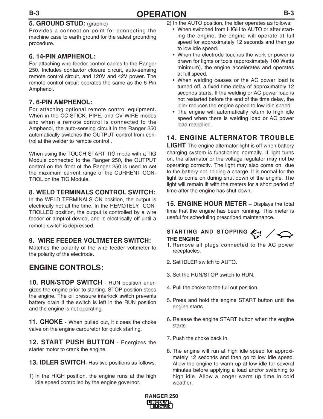 Lincoln Electric 250 manual Engine Controls, PIN Amphenol, Weld Terminals Control Switch, Wire Feeder Voltmeter Switch 