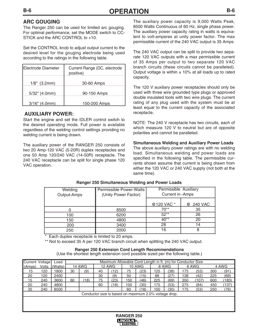 Lincoln Electric manual ARC Gouging, Auxiliary Power, Ranger 250 Extension Cord Length Recommendations 