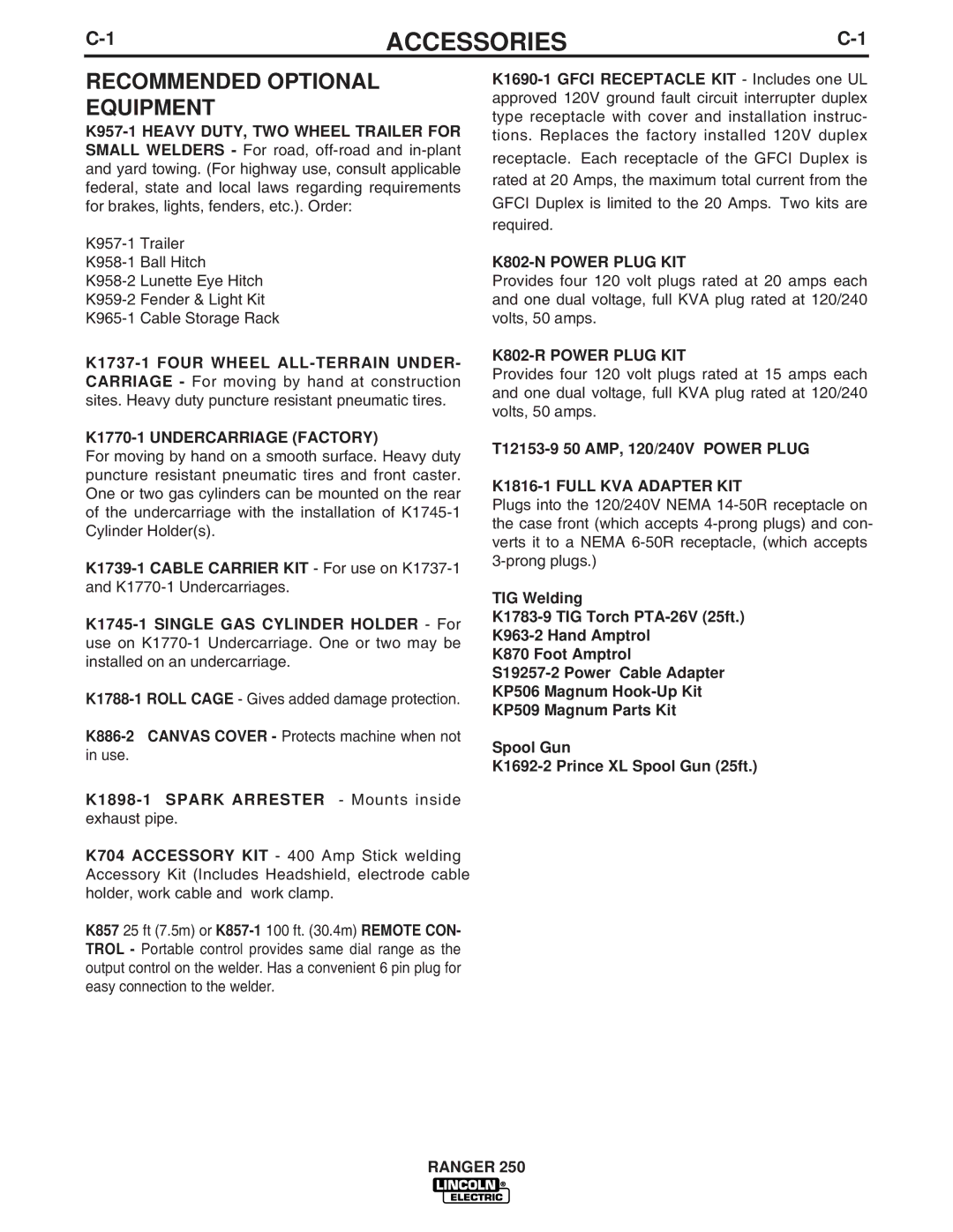 Lincoln Electric 250 manual Accessories, Recommended Optional Equipment, T12153-9 50 AMP, 120/240V Power Plug 