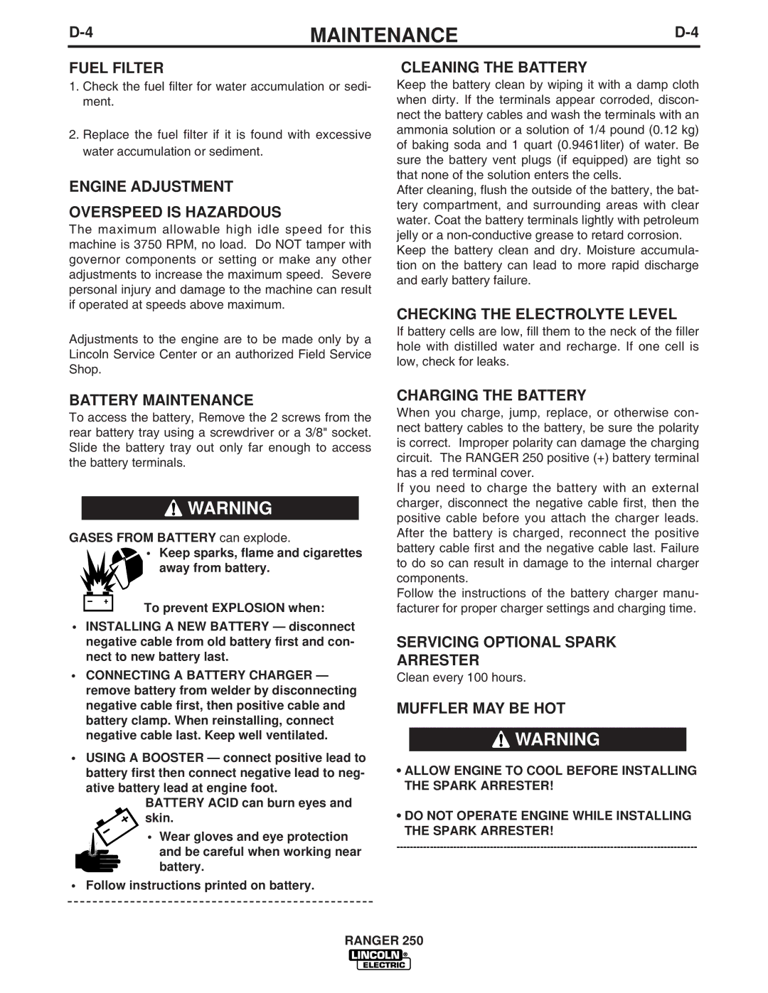 Lincoln Electric 250 Fuel Filter, Engine Adjustment Overspeed is Hazardous, Battery Maintenance, Cleaning the Battery 