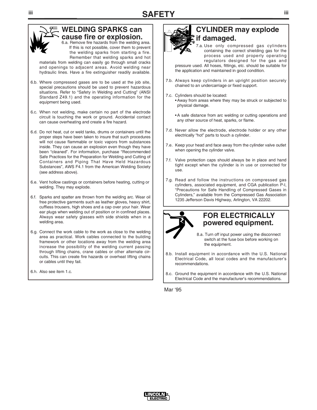 Lincoln Electric 250 manual Welding Sparks can cause fire or explosion, Iii 