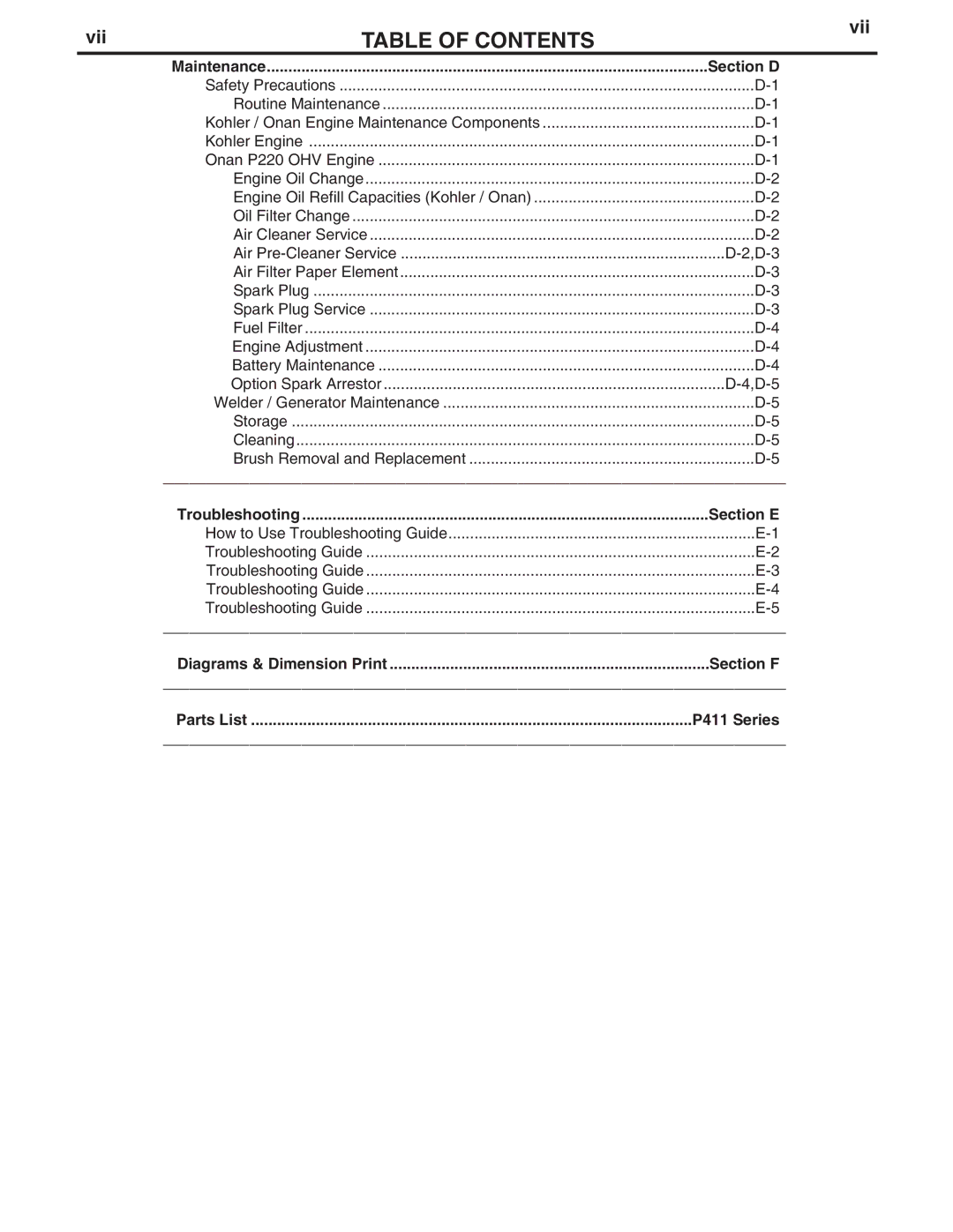 Lincoln Electric 250 manual Table of Contents 