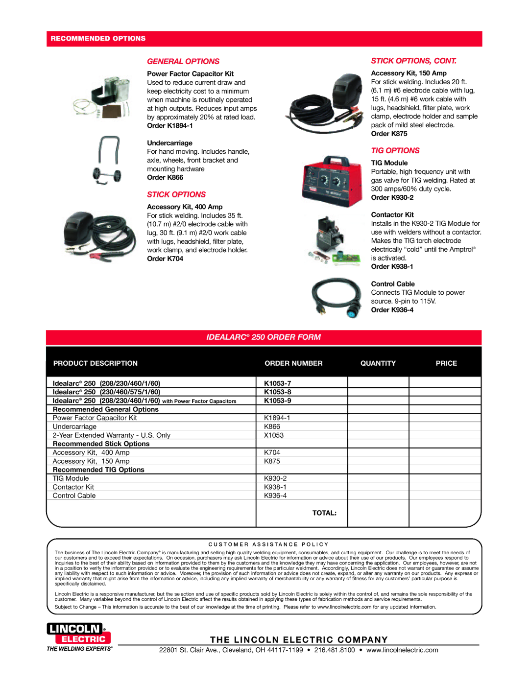 Lincoln Electric 250 warranty General Options, Stick Options, Stick OPTIONS, TIG Options 