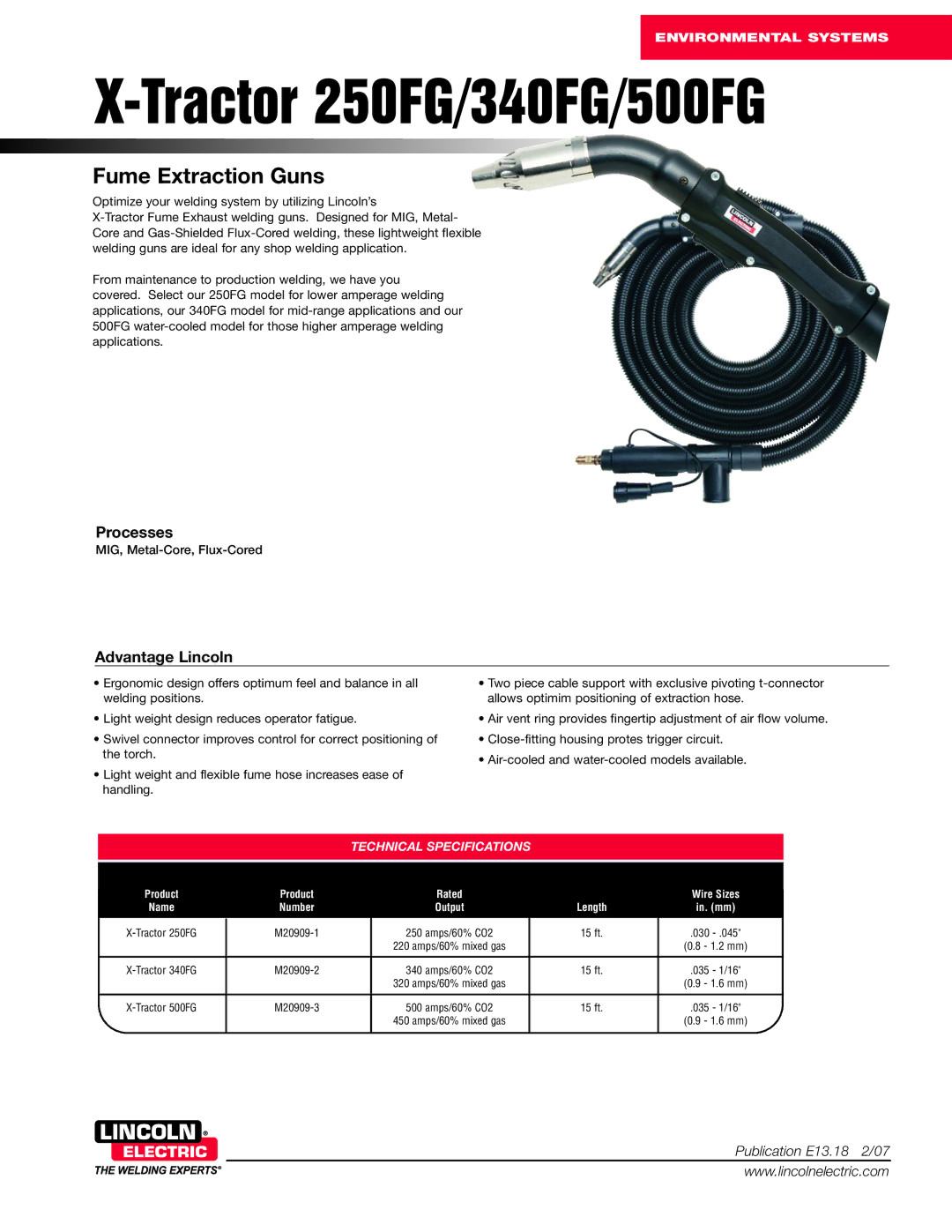 Lincoln Electric 500FG technical specifications MIG, Metal-Core, Flux-Cored, Tractor 250FG M20909-1 Amps/60% CO2 15 ft 030 