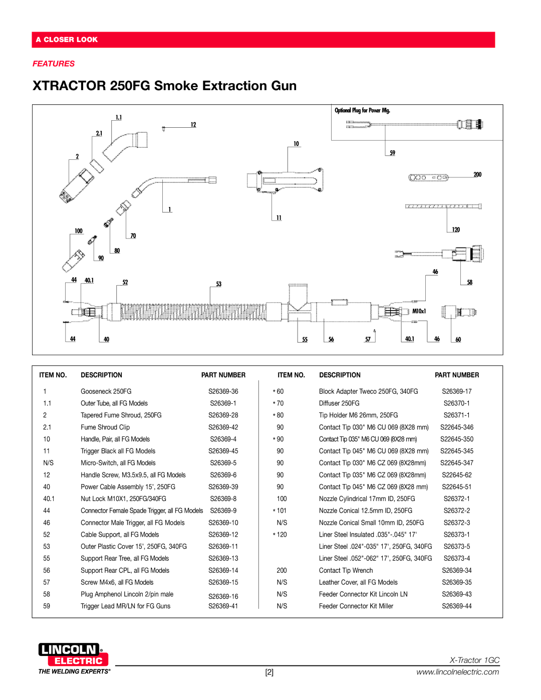 Lincoln Electric 340FG, 500FG technical specifications Xtractor 250FG Smoke Extraction Gun 