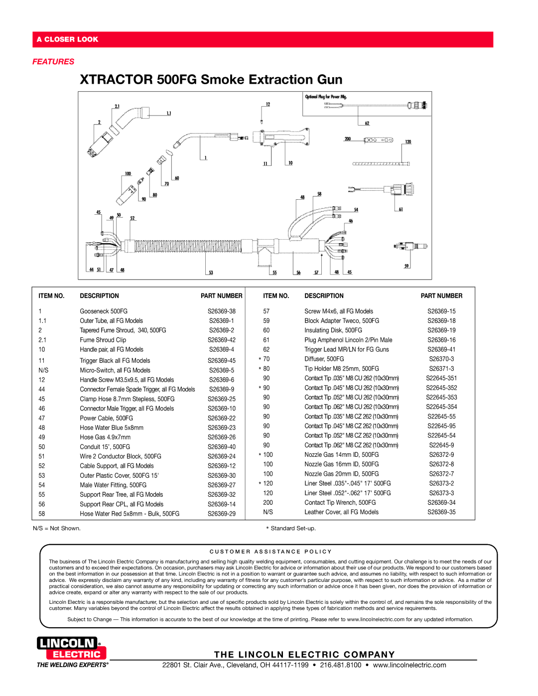 Lincoln Electric 250FG, 340FG technical specifications Xtractor 500FG Smoke Extraction Gun 